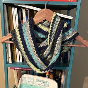 Striped Handmade Crochet cowl in Blue, Greys